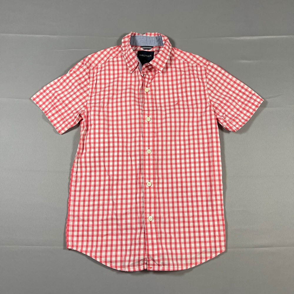 Nautica Button Up Shirt Boys Medium 10-12 Red White Gingham Plaid Cotton Classic